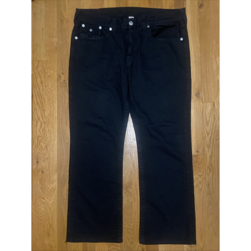 True Religion Ricky Jeans Mens 40 Black Straight Dark Wash Denim Pants Flap